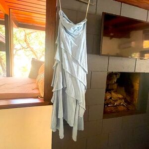 Beautiful early dusk layered dress, strapless and ties in back with low back.